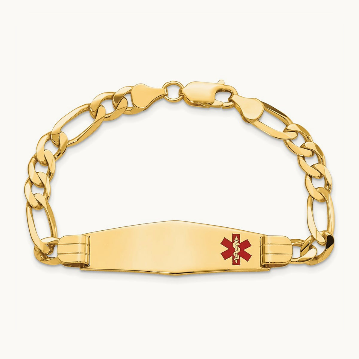 Medical Soft Diamond Shape Red Enamel Flat Figaro Link ID Bracelet, 14K