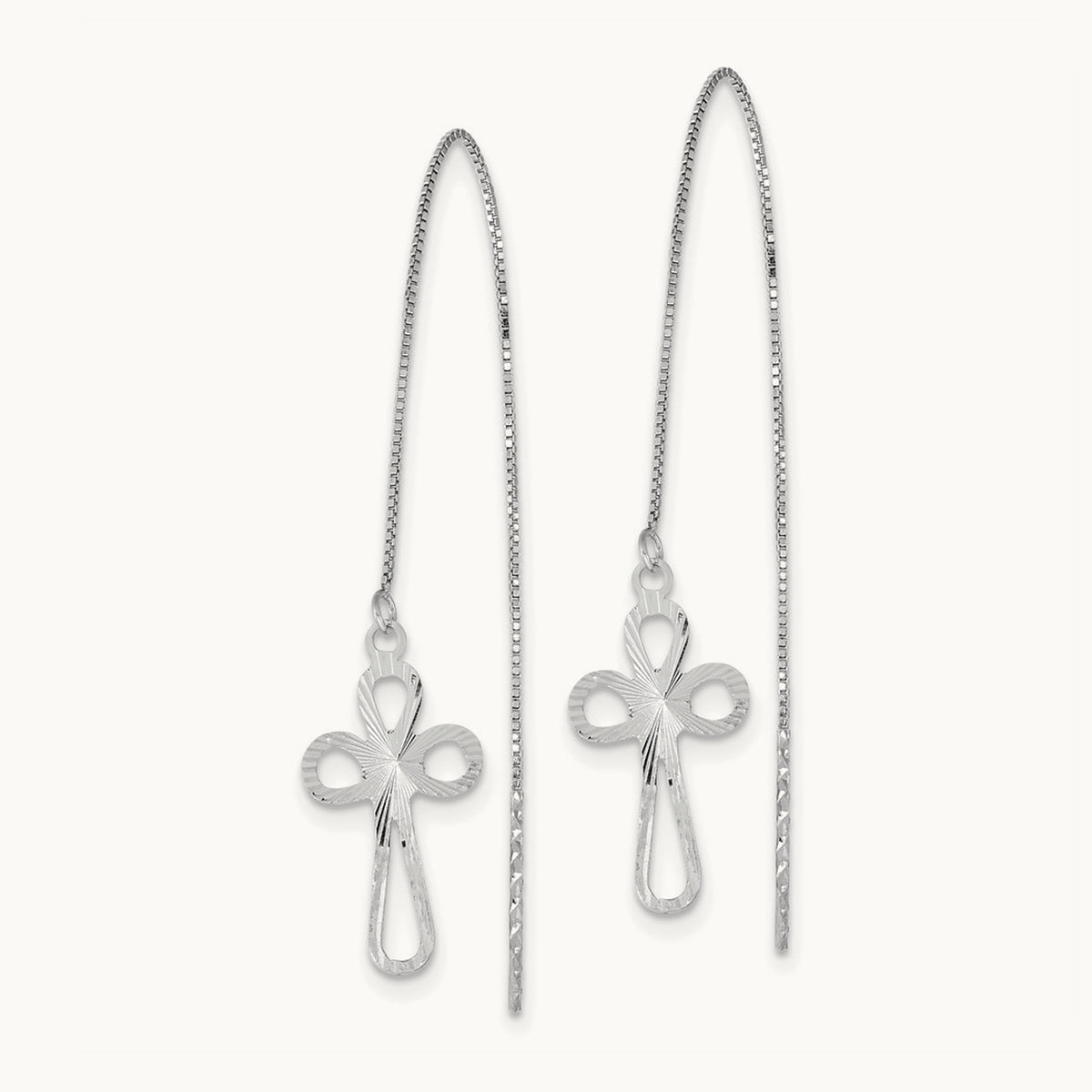 Polished Diamond-cut Box Chain with Cross Threader Earrings — 14K White Gold