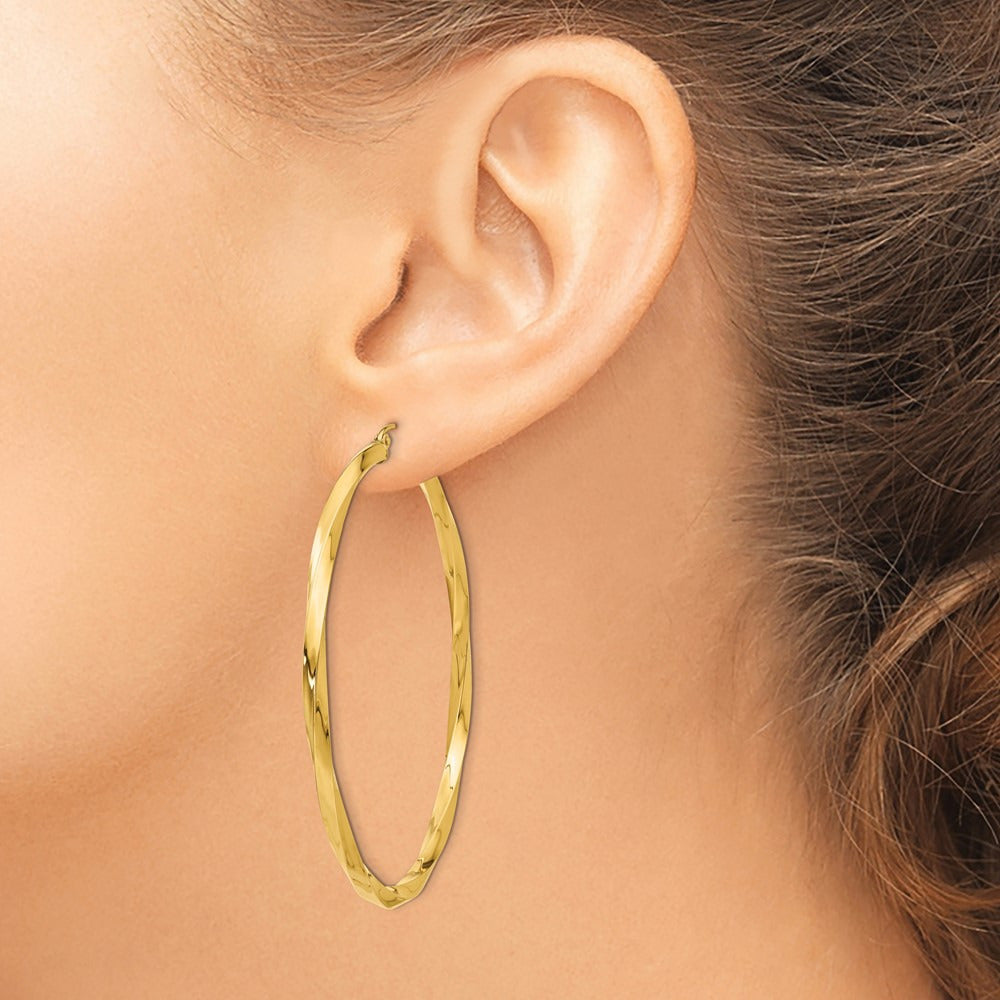 Square Tube Twisted Hoop Earrings — 14K Yellow Gold, 60mm, 3mm