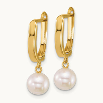 7- Round White FW Cultured Pearl Dangle Hoop Earrings, 8mm, 14K