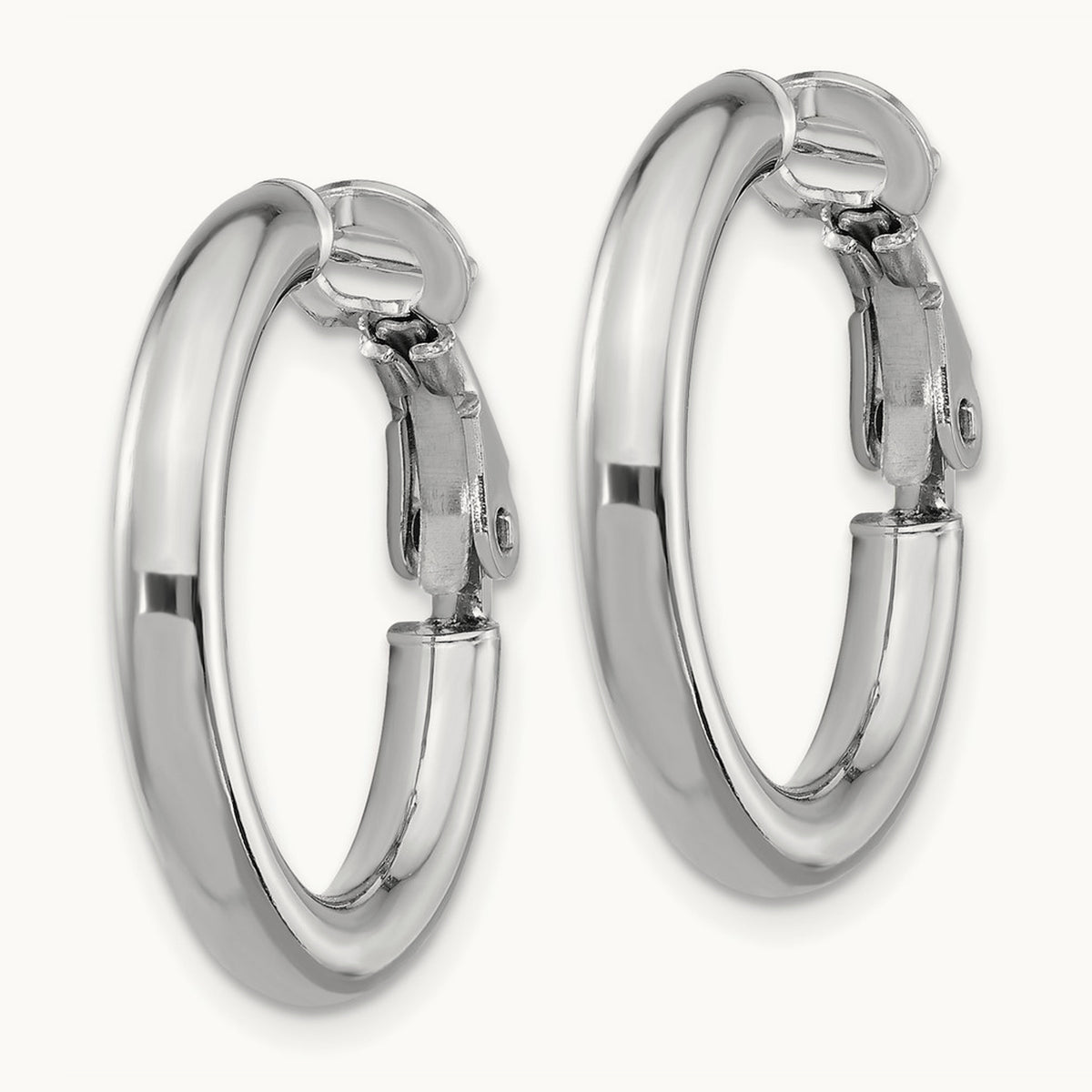 Polished Round Omega Back Hoop Earrings — 14K White Gold, 3x22mm