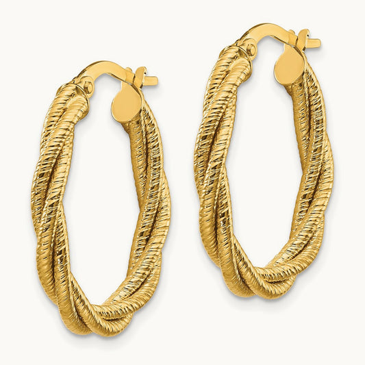 Polished Textured Twisted Oval Hoop Earrings, 14K