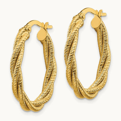 Polished Textured Twisted Oval Hoop Earrings, 14K