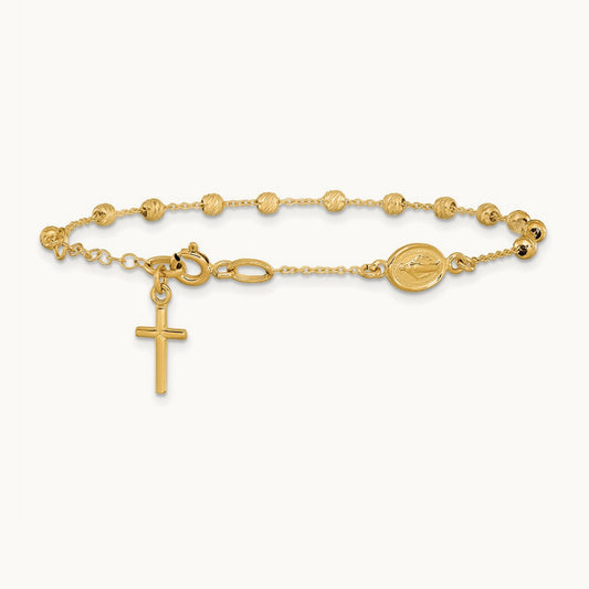 Polished D/C Cross and Miraculous Medal .75in ext. Bracelet, 14K