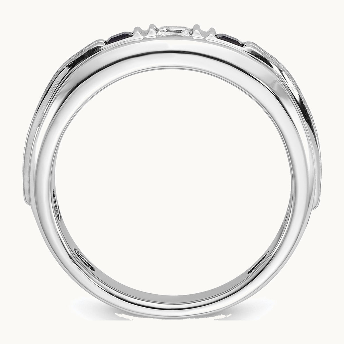 IBGoodman 14K White Gold Men's Polished Satin and Grooved Square 1/6 Carat AA Quality Diamond and Lab Created Sapphire 3-Stone Ring