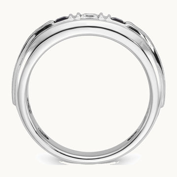 IBGoodman 14K White Gold Men's Polished Satin and Grooved Square 1/6 Carat AA Quality Diamond and Lab Created Sapphire 3-Stone Ring