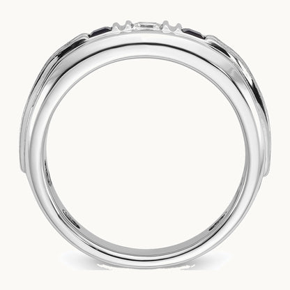 IBGoodman 14K White Gold Men's Polished Satin and Grooved Square 1/6 Carat AA Quality Diamond and Lab Created Sapphire 3-Stone Ring