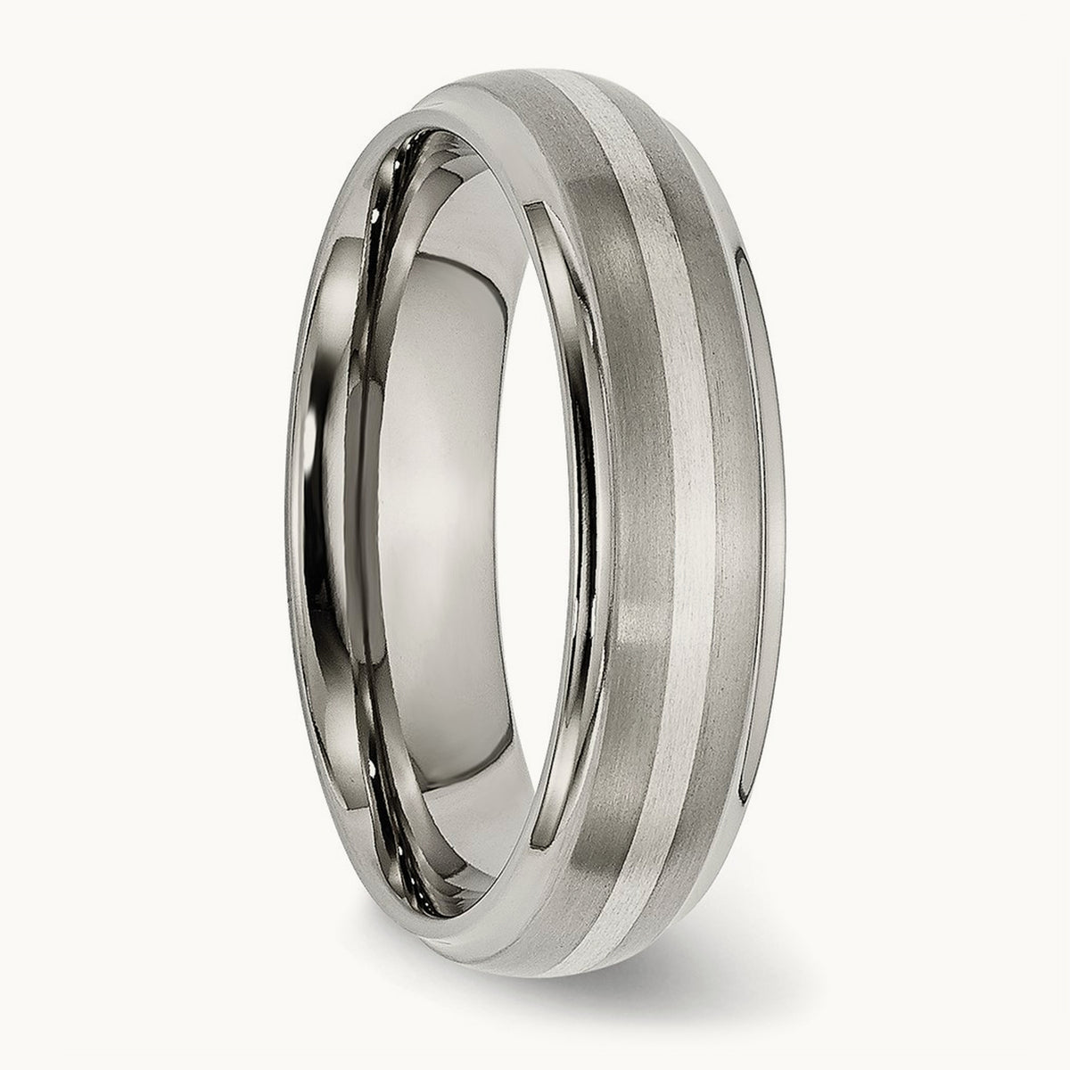 Brushed Center w/Sterling Silver Inlay Ridged Edge Band, 6mm, Titanium