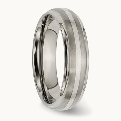 Brushed Center w/Sterling Silver Inlay Ridged Edge Band, 6mm, Titanium