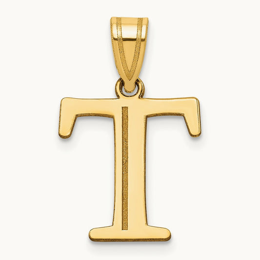 Polished Etched Letter T Initial Pendant, 14K