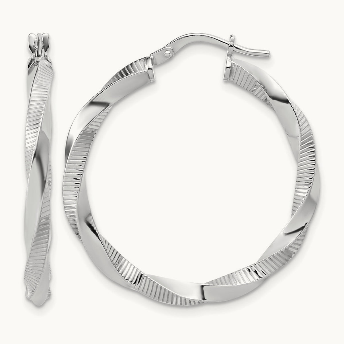 Rhodium-plated Twisted Textured Hoop Earrings — 33mm