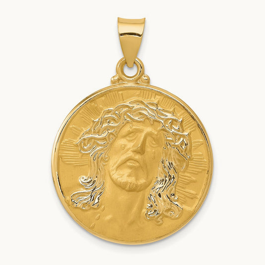 Head of Christ Medal Hollow Round Pendant, 14K