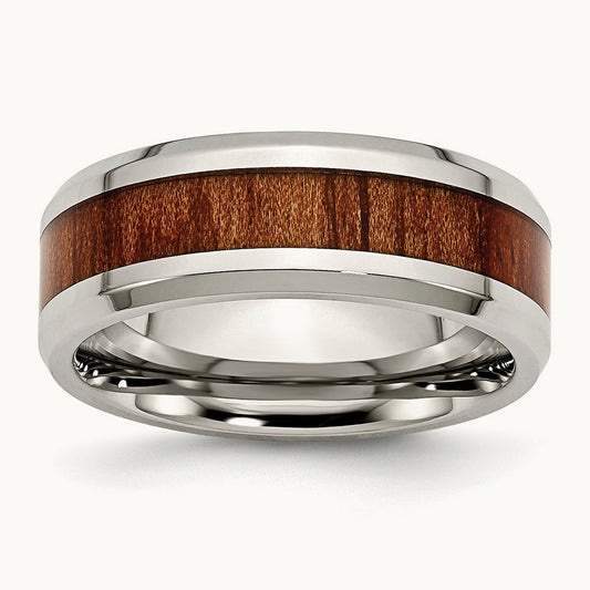 Polished Red/Orange Koa Wood Enameled Band, 8mm, Stainless Steel