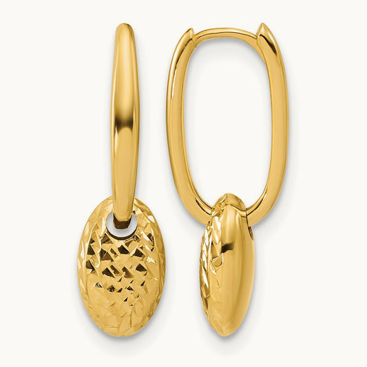 Polished / Dia-cut Oval w/Bead Hinged Hoop Earrings, 14K — Leslie's