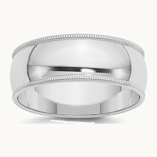 Sterling Silver Rhodium-plated 8mm Half Round Milgrain Band