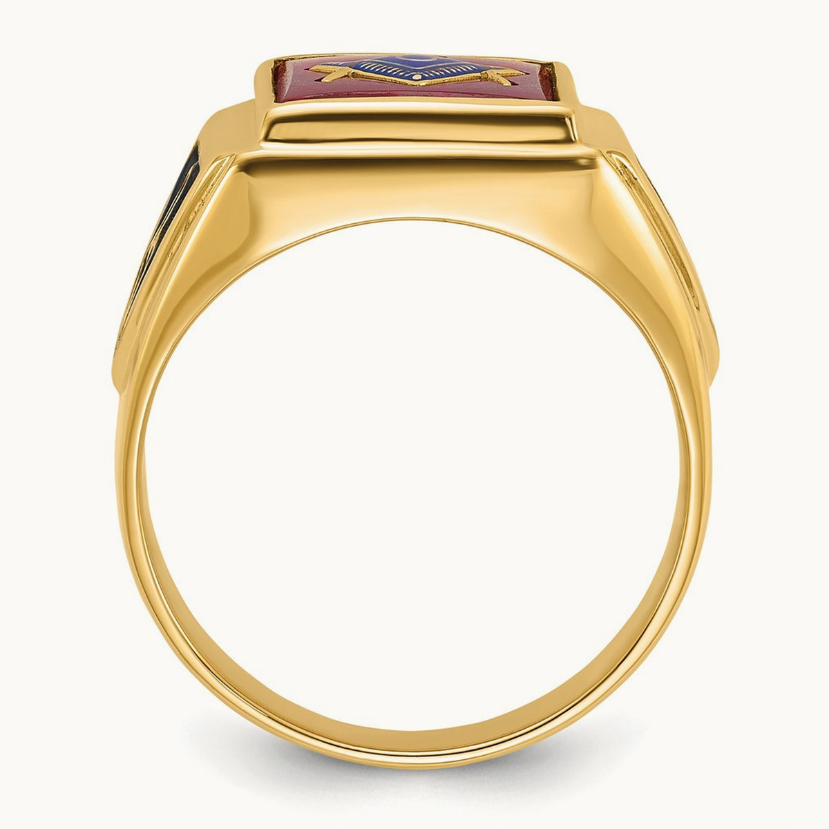 Men's Textured w/ Black Enamel & Lab Cr. Ruby Masonic Ring, 14K