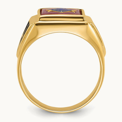 Men's Textured w/ Black Enamel & Lab Cr. Ruby Masonic Ring, 14K