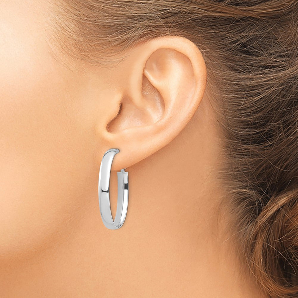 High Polished Oval Omega Back Hoop Earrings — 14K White Gold