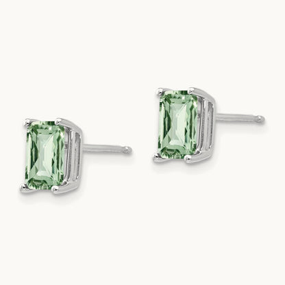 7x5mm Octagon Checker-Cut Green Quartz Earrings, 14K White Gold