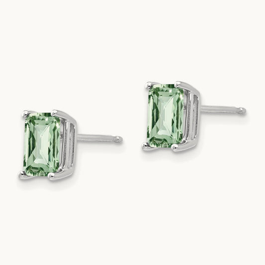 7x5mm Octagon Checker-Cut Green Quartz Earrings, 14K White Gold