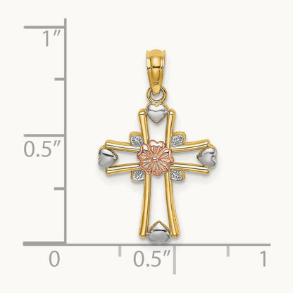 w/White Rhodium Cross w/Flower and Heart Charm, 14K Two-tone