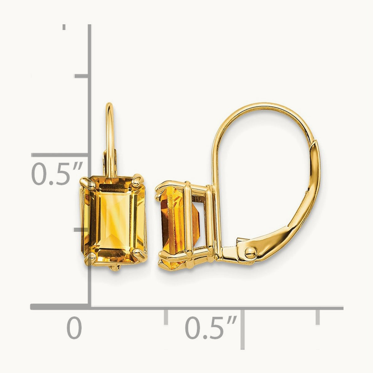 7x5mm Emerald Cut Citrine Leverback Earrings, 14K