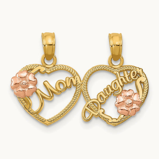 MOM - DAUGHTER Break-apart Hearts Pendant, 14K Two-tone