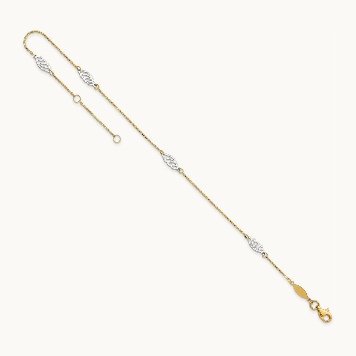 Diamond-cut Polished Leaf 9in Plus 1in ext. Anklet, 14K Two-tone