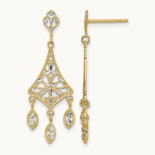 w/Rhodium Filigree D/C Chandelier Dangle Earrings, 14K