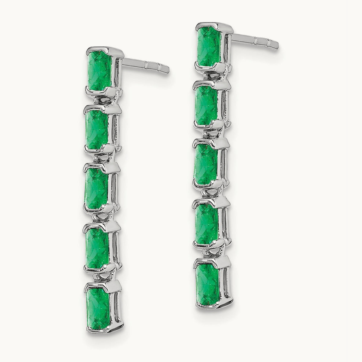 Emerald 5-stone Dangle Earrings, 14K White Gold