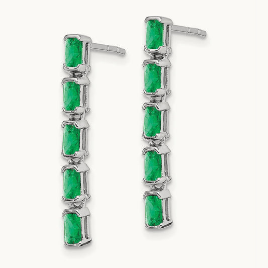 Emerald 5-stone Dangle Earrings, 14K White Gold