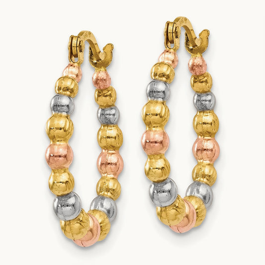 & White and Rose Rhodium Beaded Hoop Earrings, 14K