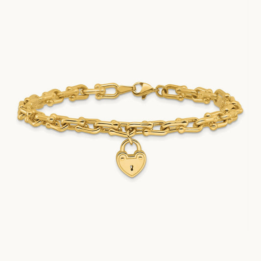 Polished Heart Lock Charm Link Bracelet, 14K