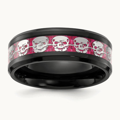 IP-plated Skulls w/ Pink Carbon Fiber Inlay Band, 8mm, Stainless Steel Black