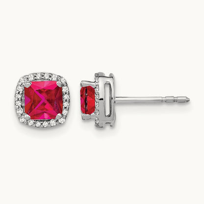 Cushion Ruby and Diamond Halo Earrings, 14K White Gold