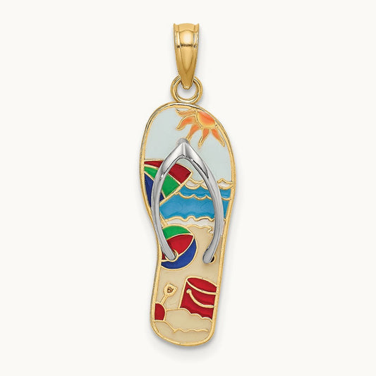 w/Rhodium Multi-Colored 3D Enamel Beach Scene On Flip-Flop Charm, 14K