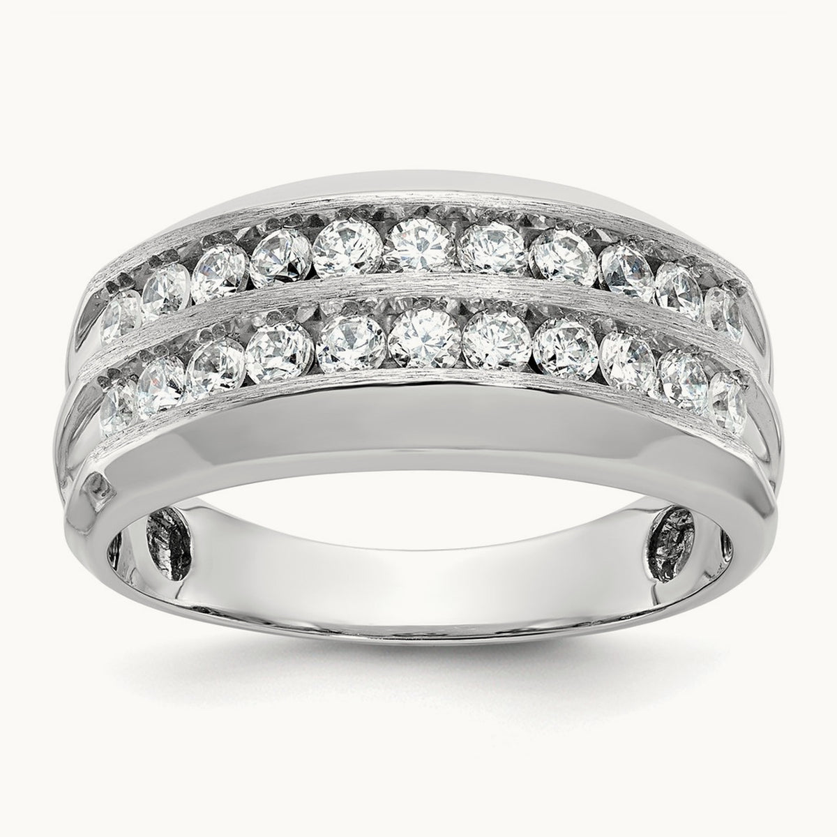 Men's Polished Satin Grooved 2-Row Diamond Ring — 14K White Gold
