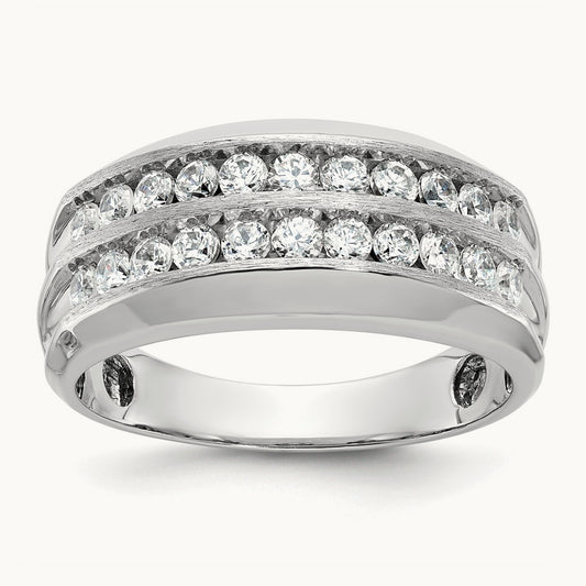 Men's Polished Satin Grooved 2-Row Diamond Ring — 14K White Gold