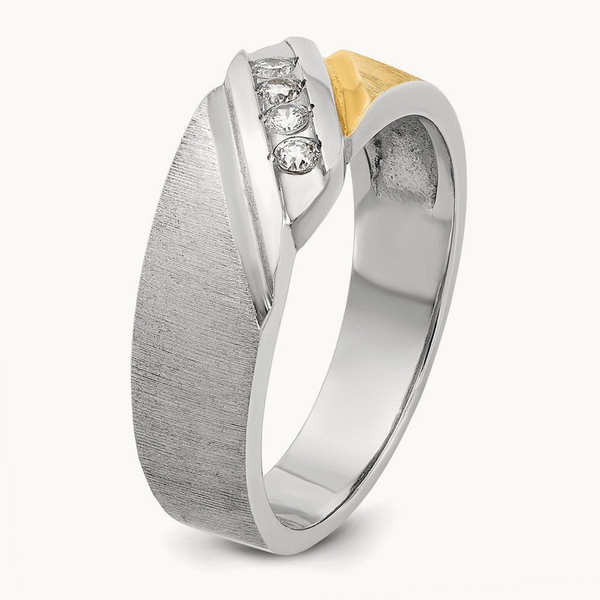 14ktt IBGoodman Men's Polished Satin & Grooved 4-Stone Diamond Ring