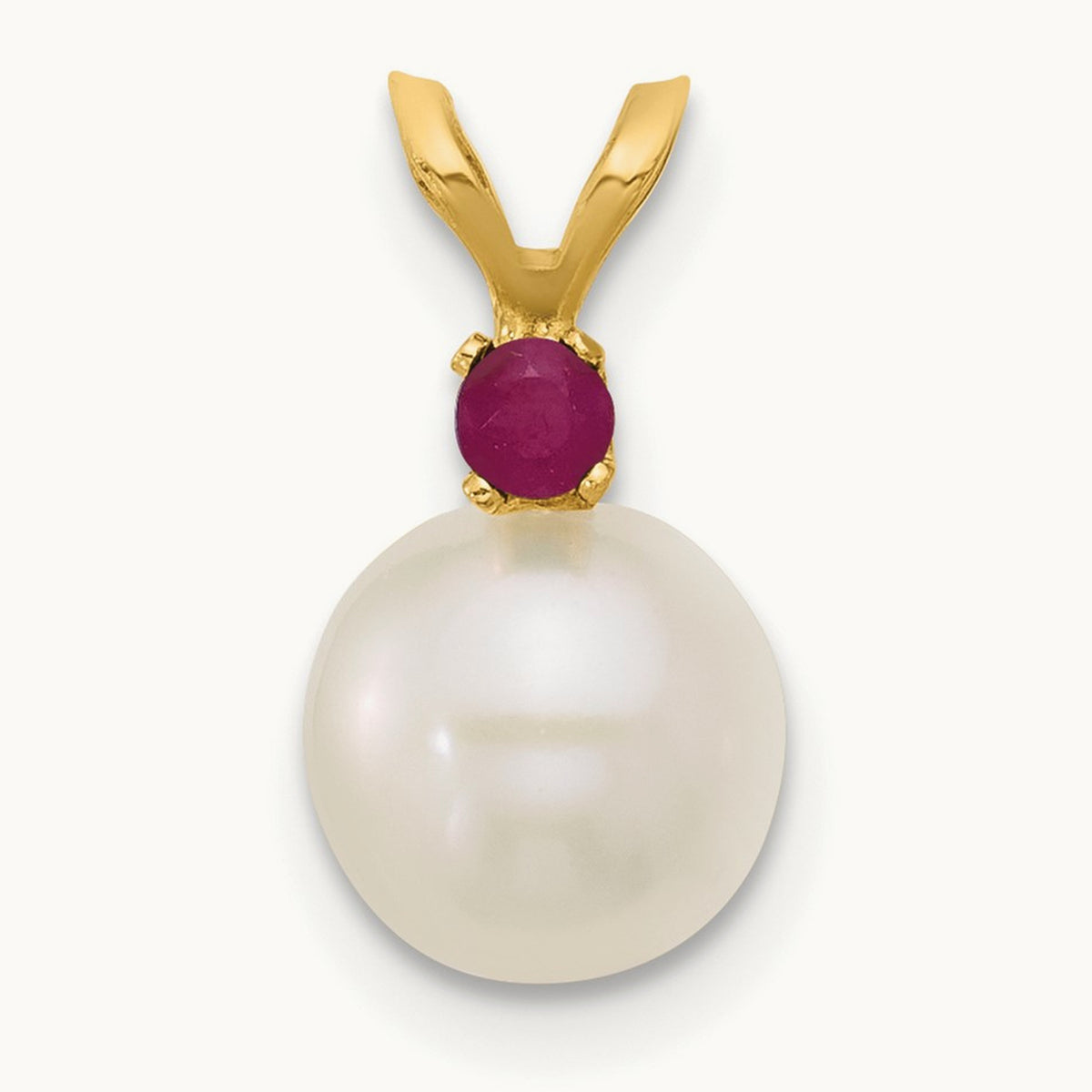 7- White Round FWC Pearl Ruby Pendant, 7.5mm, 14K