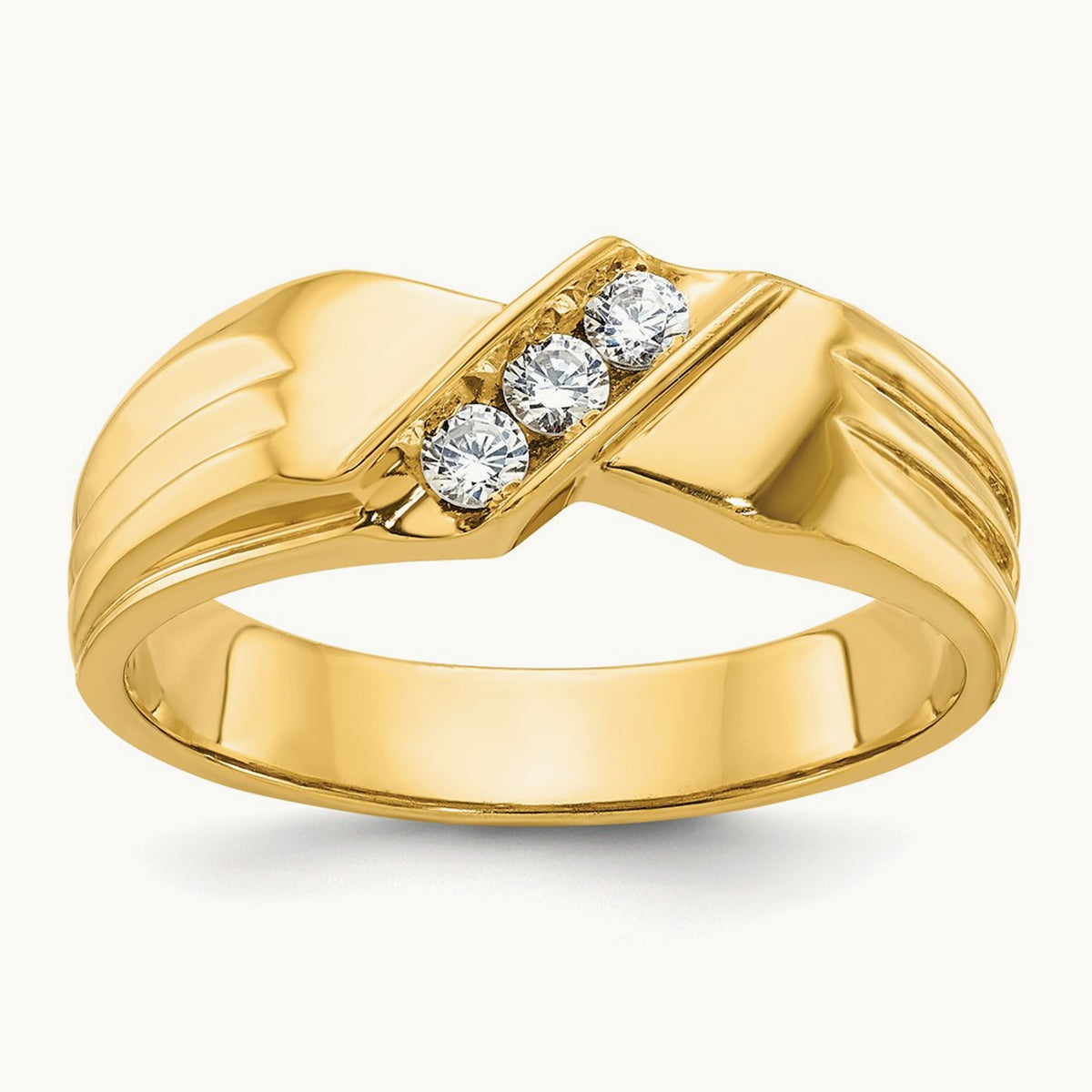IBGoodman Men's Polished and Grooved 3-Stone Diamond Ring, 14K