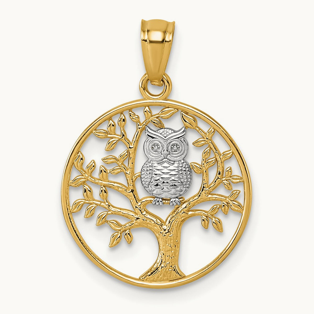 Textured Owl Sitting In Tree In Circle Pendant, 14K with Rhodium