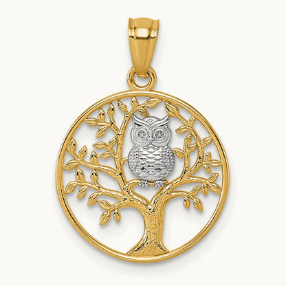 Textured Owl Sitting In Tree In Circle Pendant, 14K with Rhodium