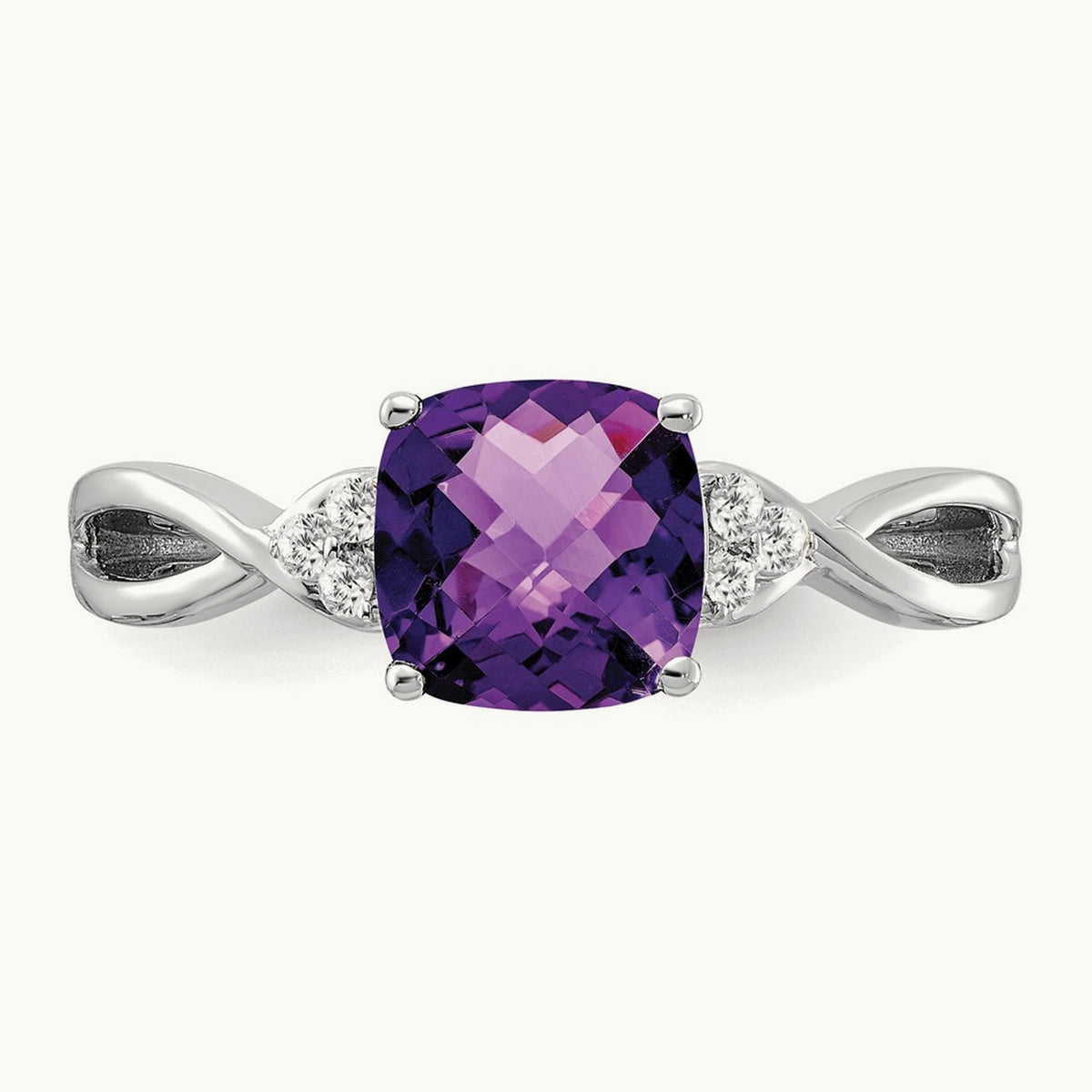 Checkerboard Amethyst and Diamond Ring — 14K White Gold, 7