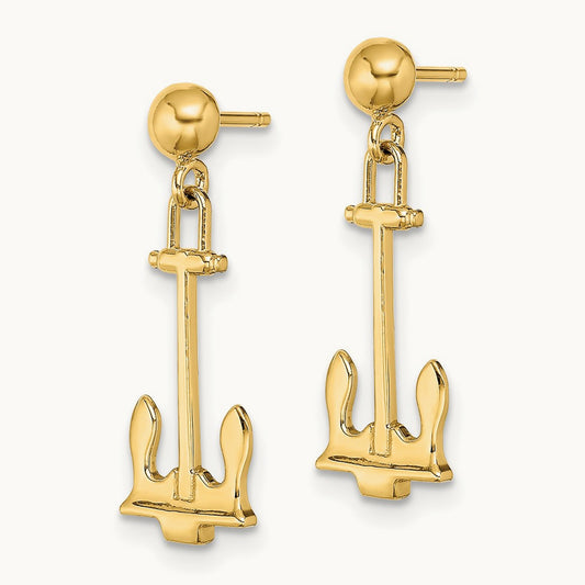 Polished Navy Anchor Dangle Earrings, 14K