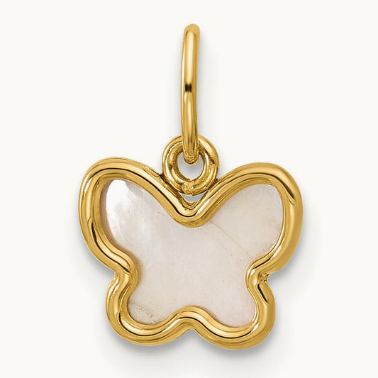 Polished Mother of Pearl Butterfly Pendant, 14K
