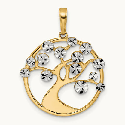 w/White Rhodium Diamond-cut Tree of Life Pendant, 14K