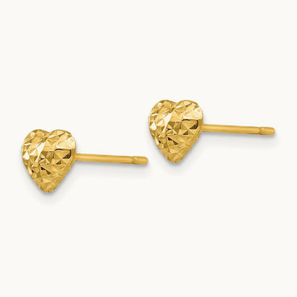 Diamond Cut Puffed Heart Post Stud Earrings — 14K Yellow Gold