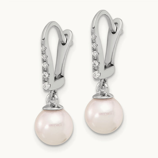 6- Rnd Wht Akoya Pearl and .085ct Dia Dangle Earrings, 7mm, 14K White Gold