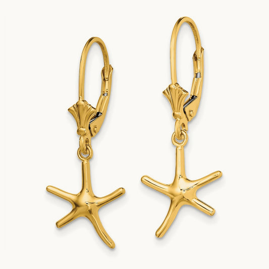 Mini Dancing Starfish Leverback Earrings, 14K